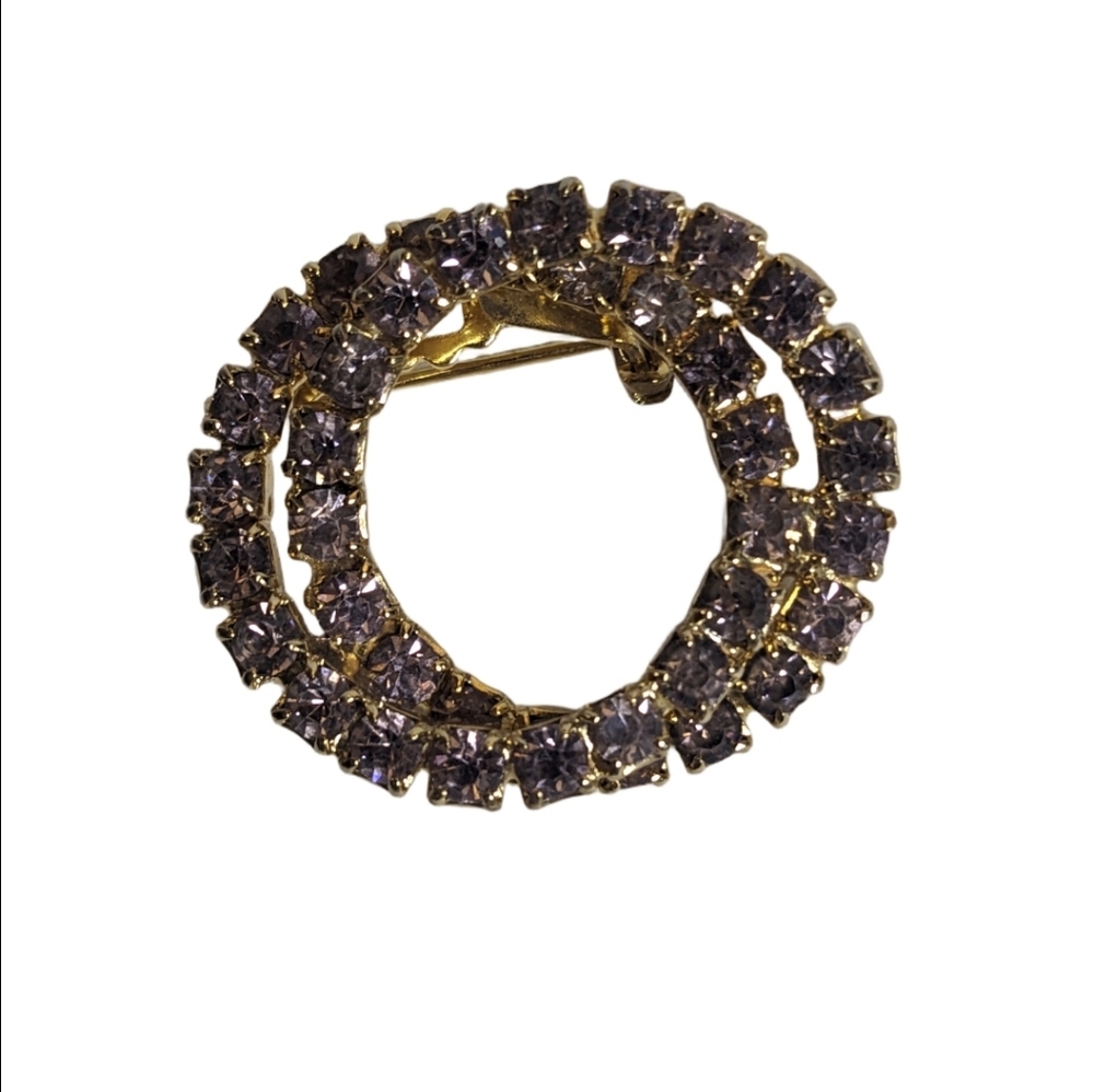 Vintage‎ Gold Tone Double Circle Prong Set Rhinestone Brooch